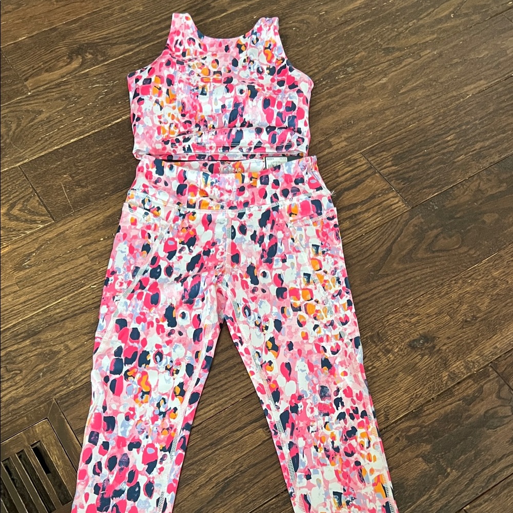 Tek Gear Pink Multi Print Active Leggings and Crop Top Set